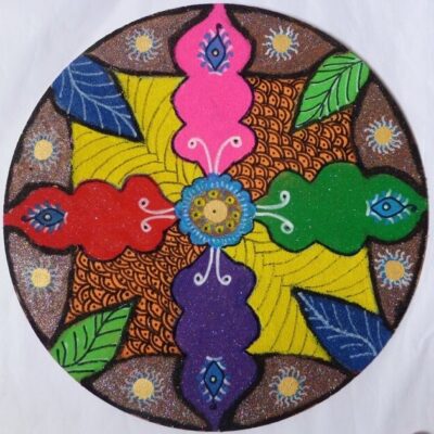 COLOURAGE Rangoli COLLAGE Finger painting on wood with coloured sand 60 cm dia