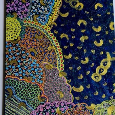 Contemporary Singa Rangoli Finger painting with acrylic paint media on Canvas 75cmx100 cm
