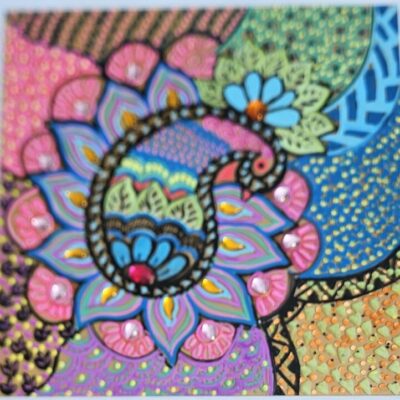 Peacock in garden Acrylic finger painting on acrylic sheet 40 cm x 40 cm