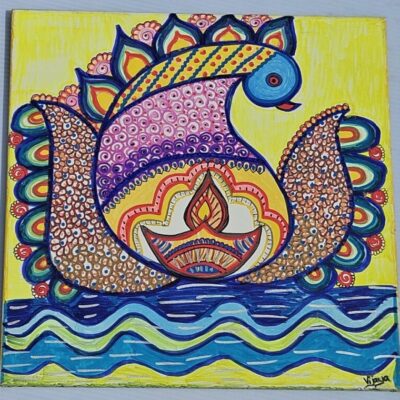 Peacock on Water Singarangoli finger painting with actrylic paint media on canvas 55cm x 55 cm