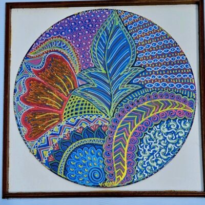 Singa Rangoli abstract Finger painting with acrylic paint markers on acrylic sheet 60cm dia