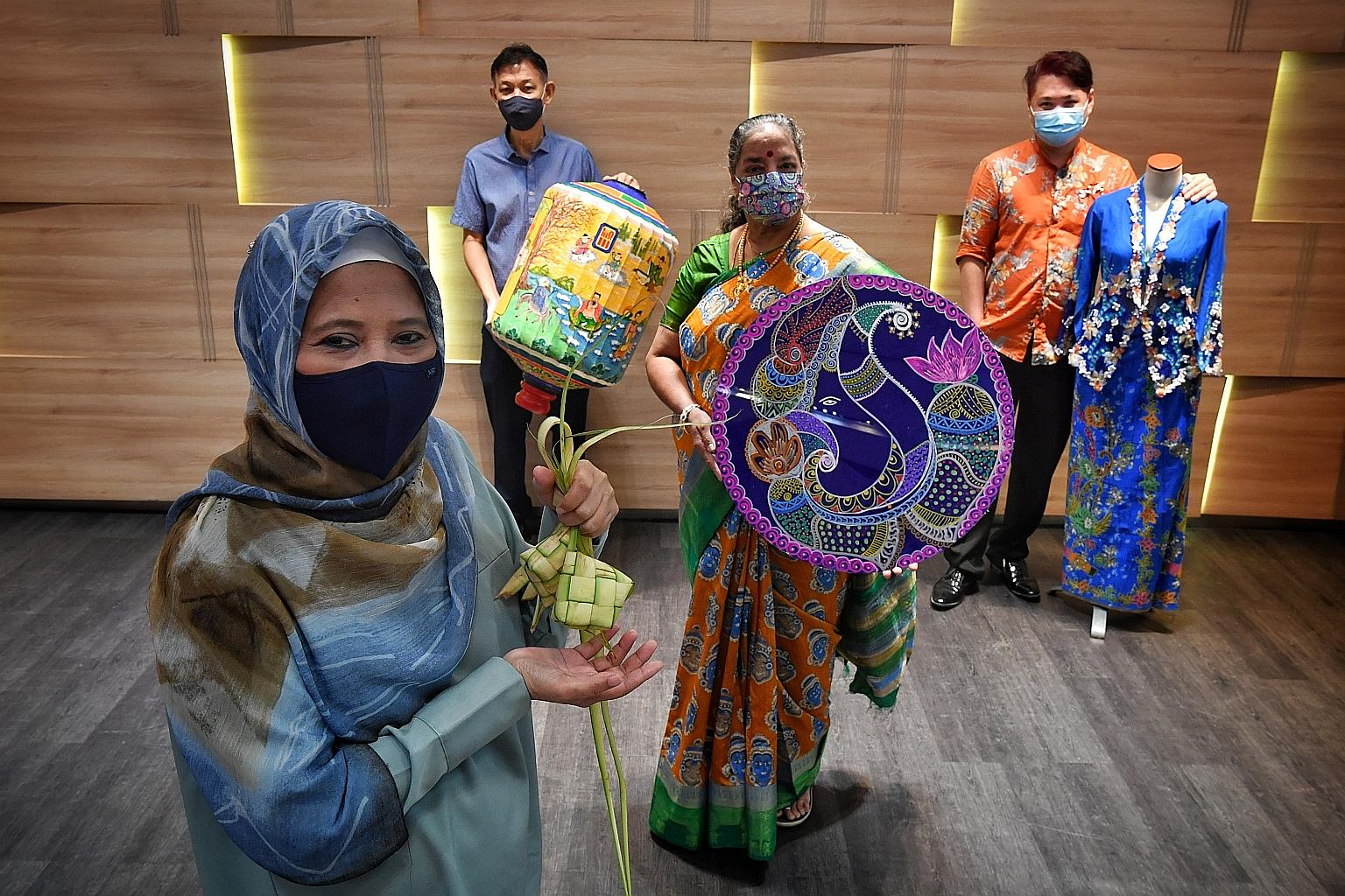 The practitioners selected for the Craft x Design initiative are (from left) Madam Anita Tompang, who does ketupat weaving; Mr Jimm Wong, who makes Chinese lanterns; Ms Vijaya Mohan, the Guinness World Record holder for the largest rangoli pattern cr